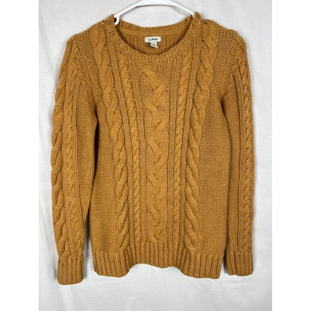 L.L. Bean Light Brown Yellow Women's Double L Cable Knit Fisherman Style Sweater - Picture 1 of 6